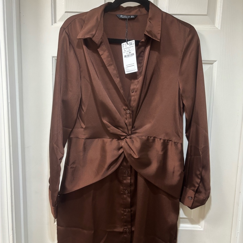 Stradivarius Chocolate Satin Shirt Dress